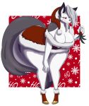  2022 5_fingers absurd_res anthro bent_forward big_breasts border breasts canid canid_demon cheek_tuft christmas christmas_clothing christmas_headwear cleavage clothed clothing demon dewwydarts facial_tuft female fingers fluffy fluffy_tail fur fur_lined_clothing grey_body grey_fur grey_hair hair hand_on_knee hand_on_leg hat headgear headwear hellhound helluva_boss hi_res holding_mistletoe holidays huge_thighs looking_at_viewer loona_(helluva_boss) mammal mistletoe multicolored_body multicolored_fur plant red_sclera santa_hat solo thick_thighs tuft two_tone_body two_tone_fur white_body white_border white_eyes white_fur wide_hips 