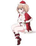  1girl alternate_costume atlanta_(kancolle) breasts brown_hair capelet christmas dress earrings fur-trimmed_capelet fur-trimmed_dress fur-trimmed_headwear fur_trim grey_eyes hat jewelry kantai_collection large_breasts long_hair long_sleeves official_alternate_costume red_capelet red_dress santa_dress santa_hat sitting solo star_(symbol) star_earrings tamu_(mad_works) two_side_up 