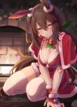  1girl admire_vega_(umamusume) animal_ears bell breasts brown_hair capelet christmas cleavage commentary_request ear_covers hair_between_eyes highres horse_ears horse_girl horse_tail indoors large_breasts long_hair looking_at_viewer neck_bell purple_eyes red_capelet red_skirt single_ear_cover sitting skirt solo starheart tail thighhighs thighs umamusume white_thighhighs 