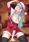 1girl absurdres belt black_thighhighs blue_hair breasts cleavage dress fireplace food fruit girls&#039;_frontline green_eyes hat highres hk416_(girls&#039;_frontline) long_hair open_mouth red_dress santa_costume santa_hat satsumaagee solo strawberry thighhighs 