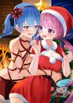  2girls absurdres belt black_belt blue_eyes blue_hair breasts christmas christmas_lights christmas_tree cleavage dress drooling fang fire fireplace from_behind gift_bow grabbing grabbing_from_behind hair_ribbon hat highres hololive hoshimachi_suisei hug indoors looking_at_another looking_back low_twintails medium_breasts minato_aqua miniskirt multicolored_hair multiple_girls navel night night_sky open_mouth pink_hair pom_pom_(clothes) purple_eyes raised_eyebrows red_ribbon red_skirt ribbon santa_costume santa_dress santa_hat shooting_star side_ponytail skirt sky small_breasts star_(sky) star_(symbol) starry_sky streaked_hair topless towrituka twintails virtual_youtuber window 
