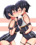  2girls asymmetrical_hair black_hair black_one-piece_swimsuit blush breast_cutout breasts brown_neckerchief closed_eyes covered_nipples cowboy_shot framed_breasts gloves hair_between_eyes highres i-13_(kancolle) i-14_(kancolle) incest kantai_collection kiss medium_breasts multiple_girls neckerchief nipple_tweak one-piece_swimsuit partially_fingerless_gloves sailor_collar school_swimsuit short_hair siblings swimsuit swimsuit_under_clothes twincest twins unomi white_background yaoi yuri 