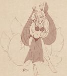  2017 anthro antiroo belly_dancer blush breasts canid canine clothing digitigrade female fox fur hi_res looking_at_viewer mammal multi_tail navel simple_background smile solo standing swedish_kitsune translucent translucent_clothing 