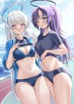  2girls :d absurdres bangs blue_archive blue_bra blue_buruma blue_eyes blue_jacket blue_shirt blush bra breasts buruma cleavage clothes_lift day gym_uniform half_updo halo highres jacket large_breasts lifted_by_self long_hair looking_at_viewer multiple_girls navel noa_(blue_archive) official_alternate_costume open_clothes open_jacket outdoors pdxen purple_eyes purple_hair running_track shirt shirt_lift short_sleeves smile star_sticker stomach underwear very_long_hair white_hair yuuka_(blue_archive) yuuka_(gym_uniform)_(blue_archive) 
