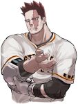  1boy adjusting_clothes alternate_costume ass bara baseball baseball_bat baseball_jersey baseball_uniform blue_eyes boku_no_hero_academia compression_shirt cropped_torso endeavor_(boku_no_hero_academia) facial_hair gloves hand_on_hip highres leather leather_belt male_focus mature_male muscular muscular_male pants pectoral_squeeze red_hair scar scar_on_face short_hair simple_background solo spiked_hair sportswear stubble thick_thighs thighs tight toro_(dekkkkkkkkka) white_background 