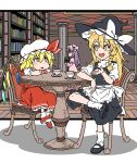  3girls :d :o apron asymmetrical_hair back_bow black_dress black_footwear blonde_hair blue_bow blush book book_stack bookshelf bow braid buttons capelet chair checkered_ceiling chibi commentary_request crescent crescent_hat_ornament crossed_arms crossed_legs cup dot_nose dress flandre_scarlet full_body hair_between_eyes hair_bow hair_ribbon hat hat_bow hat_ornament head_rest highres holding holding_book inuno_rakugaki jitome kirisame_marisa long_hair looking_at_another mob_cap multicolored_wings multiple_girls patchouli_knowledge pillar pink_capelet pink_headwear purple_hair red_bow red_eyes red_footwear red_skirt red_vest ribbon saucer shadow shirt short_sleeves side_braid sidelocks sitting skirt skirt_set smile socks table teacup tile_floor tiles touhou tress_ribbon v-shaped_eyebrows vest waist_apron white_bow white_shirt white_socks wide_sleeves wings witch_hat wrist_cuffs yellow_eyes 