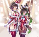  2girls ahoge animal_ear_fluff arm_at_side bare_shoulders bikini black_hair black_pantyhose blue_eyes blurry blurry_background bow braid braided_ponytail breasts christmas closed_mouth commentary covered_navel crown detached_collar dot_nose elbow_gloves eyepatch fur_trim gloves green_eyes green_hair hair_between_eyes hair_bow hair_ornament highleg highleg_leotard highleg_panties highres legs_together leotard long_hair looking_at_viewer matsuda_(matsukichi) mini_crown multicolored_hair multiple_girls off_shoulder original panties pantyhose red_gloves red_leotard red_thighhighs santa_bikini santa_leotard shiny shiny_clothes single_thighhigh small_breasts smile sparkle standing streaked_hair swimsuit tail thighhighs underwear white_gloves 