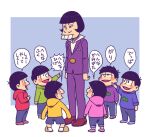  aged_down blue_hoodie blush_stickers brothers buck_teeth facial_hair formal green_hoodie hood hoodie iyami kabu_(bekka) loafers male_focus matsuno_choromatsu matsuno_ichimatsu matsuno_jyushimatsu matsuno_karamatsu matsuno_osomatsu matsuno_todomatsu mustache open_mouth osomatsu-san pink_hoodie pointing purple_hoodie purple_suit red_hoodie sextuplets shoes siblings smile suit teeth triangle_mouth yellow_hoodie 