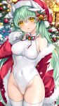  1girl bangs bare_shoulders blush christmas christmas_tree coat covered_navel dragon_girl dragon_horns fate/grand_order fate_(series) gloves green_hair hat highleg highleg_leotard highres horns kiyohime_(fate) leotard long_hair long_sleeves looking_at_viewer morizono_shiki off_shoulder outdoors parted_lips red_coat red_headwear santa_hat smile solo thighhighs thighs white_gloves white_leotard white_thighhighs yellow_eyes 