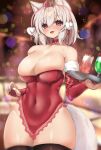  1girl :d animal_ears areola_slip black_thighhighs blurry blurry_background breasts christmas cleavage covered_navel cowboy_shot cup curvy drinking_glass fang hair_ornament hat heart highres holding holding_tray holly_hair_ornament inubashiri_momiji large_breasts leotard light_particles looking_at_viewer onomiya open_mouth pom_pom_(clothes) red_eyes red_headwear red_leotard short_hair skindentation smile solo standing star_(symbol) tail thighhighs tokin_hat touhou tray white_hair wolf_ears wolf_girl wolf_tail 