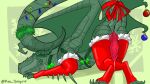  anveaul anveaul_(character) bodily_fluids christmas christmas_clothing clothing dragon feral genital_fluids green_body hi_res holidays long_tail male precum smile solo yellow_eyes 