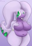  absurd_res anthro belly big_breasts big_tail breasts curvy_figure featureless_breasts featureless_crotch female generation_6_pokemon goodra green_eyes hand_on_breast hi_res navel nintendo nude pokemon pokemon_(species) purple_background purple_body purple_skin simple_background slightly_chubby slime smile sneavile solo thick_thighs voluptuous 