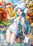  1girl :d absurdres alcohol arm_support autumn_leaves beer beer_mug blue_hair blue_sky breasts bun_cover cloud cloudy_sky commentary_request covering cup day double_bun hair_bun halo highres holding holding_cup leaf long_hair looking_at_viewer maple_leaf menna_(0012) mug notice_lines nude_cover onsen original outdoors red_eyes sharp_teeth sky small_breasts smile solo teeth thick_eyebrows very_long_hair water wet 