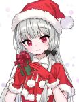  1girl ama-tou bangs blush box capelet christmas closed_mouth commentary_request dress fur-trimmed_capelet fur-trimmed_gloves fur-trimmed_headwear fur_trim gift gift_box gloves grey_hair hands_up hat head_tilt highres holding holding_gift long_hair red_capelet red_dress red_eyes red_gloves red_headwear santa_costume santa_hat simple_background smile solo sophie_twilight tonari_no_kyuuketsuki-san upper_body very_long_hair white_background 