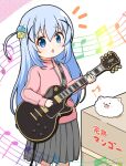  1girl angora_rabbit animal beamed_eighth_notes beamed_sixteenth_notes blue_eyes blue_hair bocchi_the_rock! box cardboard_box commentary_request cosplay cube_hair_ornament eighth_note electric_guitar gochuumon_wa_usagi_desu_ka? gotou_hitori gotou_hitori_(cosplay) grey_skirt guitar hair_ornament highres holding holding_instrument instrument jacket kafuu_chino long_hair mitya musical_note notice_lines one_side_up open_mouth parted_lips pink_jacket pleated_skirt rabbit skirt tippy_(gochiusa) track_jacket translation_request very_long_hair white_background x_hair_ornament 