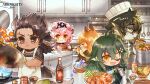  2boys 3girls absurdres animal_ears arknights cat_ears cat_girl ceobe_(arknights) chef_hat chibi closed_eyes cooking cow_boy cow_horns dog_ears dog_girl earrings flipping_food food furry furry_male gavial_(arknights) goldenglow_(arknights) hat highres horns ice_cream jewelry kitchen lee_(arknights) matterhorn_(arknights) multiple_boys multiple_girls mushroom official_art one_eye_closed pointy_ears scottish_fold shrimp single_earring stove wok 