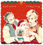  1girl 2boys ace_attorney blonde_hair christmas christmas_tree closed_eyes collared_shirt hair_pulled_back herlock_sholmes highres holding iris_wilson long_sleeves looking_at_another looking_at_object male_focus minko_ddl multiple_boys open_mouth pink_hair red_ribbon ribbon shirt short_hair smile snow_globe sparkle the_great_ace_attorney vest yujin_mikotoba 