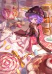  1girl :t bangs barefoot blush bowl bowl_hat cake cake_slice candy candy_wrapper chocolate closed_mouth commentary cup eating floral_print food food_on_face fork full_body hair_between_eyes hat highres holding holding_food japanese_clothes kimono knee_up kyusoukyu lollipop looking_ahead minigirl needle obi petticoat plate purple_eyes purple_hair sash sitting soles sukuna_shinmyoumaru toes touhou wide_sleeves 