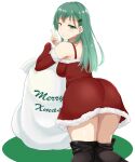  1girl black_thighhighs breasts closed_mouth detached_sleeves feet_out_of_frame green_eyes green_hair hair_ornament hairclip highres kantai_collection large_breasts long_hair looking_back official_alternate_costume one_eye_closed sack santa_costume smile solo suzuya_(kancolle) takashi_(nougyou) thighhighs v white_background 