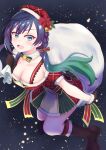  1girl ashiro_(ashiro_ym) bangs black_hair boots breasts christmas christmas_present cleavage collarbone commentary dress gift gift_bag gloves gradient_hair green_hair grey_eyes hat highres large_breasts looking_at_viewer love_live! love_live!_nijigasaki_high_school_idol_club low_twintails multicolored_hair night night_sky santa_costume santa_dress sidelocks sky solo star_(sky) starry_sky twintails yuuki_setsuna_(love_live!) 