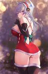  1girl ass bangs black_gloves black_thighhighs blue_eyes blurry blurry_background blush breasts christmas closed_mouth commentary_request from_behind gloves grey_hair hair_ornament highres large_breasts long_hair looking_at_viewer looking_back original solo thighhighs thighs udaruyo 