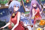  2girls :d ahoge apple apron bangs bare_arms bare_shoulders bell blue_hair blush candle candlestand chicken_(food) commentary cone_hair_bun cup dutch_angle food fruit g_li ganyu_(genshin_impact) genshin_impact hair_between_eyes hair_bun highres holding holding_knife horns indoors keqing_(genshin_impact) knife multiple_girls open_mouth purple_eyes purple_hair red_apron sleeveless smile whisk 
