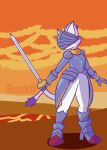  absurd_res anthro armor blaze_the_cat boots clothed clothing digital_media_(artwork) female footwear headgear hi_res high_heeled_boots high_heels melee_weapon nokamiwd sega sir_percival_(sonic_and_the_black_knight) solo sonic_and_the_black_knight sonic_storybook_series sonic_the_hedgehog_(series) sword volcano weapon 