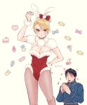  1boy 1girl alternate_costume amestris_military_uniform black_hair blonde_hair breasts brown_eyes commentary_request covered_navel earrings embarrassed folded_ponytail fullmetal_alchemist hand_on_hip jellymlk jewelry leotard military military_uniform pantyhose playboy_bunny red_leotard riza_hawkeye roy_mustang strapless strapless_leotard uniform white_background 
