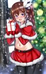  1girl :d absurdres bangs belt black_belt black_pantyhose blue_eyes blush box brown_hair capelet christmas_tree commentary_request cowboy_shot crop_top diamond_hair_ornament fur-trimmed_capelet fur-trimmed_skirt fur_trim gift gift_box gloves groin hair_between_eyes hair_flaps hair_ornament hair_ribbon hairclip highres holding holding_gift hololive long_hair long_sleeves looking_at_viewer midriff navel nootomo nose_blush open_mouth pantyhose red_capelet red_gloves red_shirt red_skirt ribbon shirt side_ponytail sidelocks skirt smile snowing solo standing star_(symbol) star_hair_ornament tokino_sora virtual_youtuber white_ribbon 