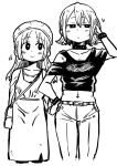  2girls alina_gray alternate_costume alternate_hairstyle bag bangs belt beret blush bracelet closed_mouth collar collarbone crop_top greyscale hand_in_own_hair hand_on_hip hat highres jewelry looking_at_another magia_record:_mahou_shoujo_madoka_magica_gaiden mahou_shoujo_madoka_magica misono_karin monochrome multiple_girls pants shirt short_hair simple_background smile standing white_background youichi82880400 