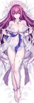  1girl alternate_costume bandaid bandaids_on_nipples bare_shoulders barefoot bracelet breasts cleavage fate/grand_order fate_(series) feet full_body hair_ornament highres jewelry kousaki_rui large_breasts legs looking_at_viewer lying navel off_shoulder on_back parted_lips pasties purple_hair scathach_(fate) scathach_skadi_(fate) signature smile thighs toes 