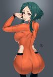  1girl absurdres artist_logo artist_name ass bodysuit breasts closed_mouth finger_to_mouth forehead from_behind green_hair grey_background gundam gundam_suisei_no_majo highres large_breasts looking_at_viewer maisie_may orange_bodysuit purple_eyes short_hair short_hair_with_long_locks side_cutout solo squatting tierla 