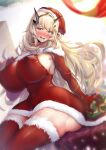 1boy 1girl ass blonde_hair blurry blurry_foreground blush breasts commentary crying crying_with_eyes_open dress fairy_knight_gawain_(fate) fate/grand_order fate_(series) full-face_blush hat heterochromia highres huge_breasts long_hair muscular muscular_female off-shoulder_dress off_shoulder santa_dress santa_hat sasakuma_kyouta sideboob sitting solo tears thick_thighs thighs 