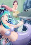  2girls air_bubble breasts bubble cleavage coral green_eyes green_hair highres horns kneeless_mermaid lum medium_breasts mermaid miyake_shinobu monster_girl monsterification multiple_girls navel oni_horns puffer_fish red_hair shark sunglasses sweatdrop takinomori_momiji underwater urusei_yatsura yellow_eyes 