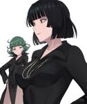  2girls bangs black_dress black_hair blush breast_envy breasts curly_hair dress flat_chest fubuki_(one-punch_man) green_eyes green_hair highres jourd4n large_breasts long_hair long_sleeves multiple_girls one-punch_man short_hair siblings sisters small_breasts tatsumaki upper_body 