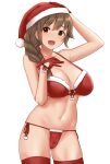  1girl :d bikini blush braid braided_ponytail breasts brown_hair christmas gloves hat highres idolmaster idolmaster_cinderella_girls large_breasts long_hair looking_at_viewer navel open_mouth red_bikini red_eyes red_gloves red_headwear red_thighhighs santa_hat senkawa_chihiro side-tie_bikini_bottom simple_background smile solo swimsuit thighhighs tomajiyama white_background 