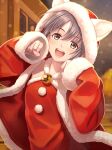  1girl :d animal_ear_headwear animal_ears bell brown_eyes brown_hair fur_trim highres idolmaster idolmaster_cinderella_girls jingle_bell nekopuchi otokura_yuuki paw_pose santa_costume smile solo 