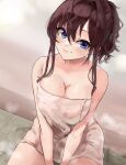  1girl absurdres blue_eyes blush breasts brown_hair cleavage hair_between_eyes highres ichinose_shiki idolmaster idolmaster_cinderella_girls lamp_p9 large_breasts looking_at_viewer naked_towel own_hands_together sidelocks sitting smile solo steam sweatdrop towel 