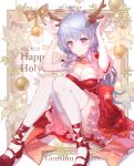  1girl absurdres ahoge alternate_costume animal_ears antlers arm_up armpits arms_up bangs bare_arms bare_shoulders bell blue_hair blush bow breasts christmas christmas_ornaments christmas_tree cleavage closed_mouth clothes_between_thighs collar collarbone cross-laced_footwear daisy deer_ears detached_collar dress egasumi english_text fake_antlers floral_background flower frilled_dress frills full_body fur-trimmed_dress fur_trim ganyu_(genshin_impact) genshin_impact goat_horns hair_between_eyes hair_ornament hand_up hands_up hat high_heels highres holly horns jingle_bell knees_together_feet_apart knees_up large_breasts leaf lily_(flower) lily_of_the_valley long_hair looking_at_viewer lotus marker_(medium) medium_breasts merry_christmas neck_bell new_year nyansan_oekaki ornament palms pink_flower purple_eyes red_dress red_footwear red_ribbon red_skirt reindeer reindeer_antlers ribbon sack sandals santa_costume santa_dress santa_hat shoes sidelocks sitting skirt sleeveless sleeveless_dress smile snowflake_background snowflakes solo star_(symbol) strapless strapless_dress thighhighs thighs traditional_media very_long_hair waving wavy_hair white_flower wreath 