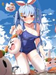  &gt;_&lt; 2girls ? absurdres ahoge ama_rei animal_ears bangs bare_arms bare_shoulders beach blue_nails blue_one-piece_swimsuit blue_sky breasts bunny-shaped_pupils bunny_tattoo carrot carrot_hair_ornament closed_mouth cloud collarbone commentary covered_navel day facial_tattoo food-themed_hair_ornament foreshortening from_below gradient_eyes hair_ornament hair_ribbon highres holding hololive kneeling long_hair looking_at_viewer medium_breasts multicolored_eyes multiple_girls nail_polish nousagi_(usada_pekora) ocean off_shoulder out_of_frame outdoors pink_hair rabbit_ears red_eyes ribbon sakura_miko school_swimsuit shallow_water short_eyebrows sidelocks sky solo_focus speech_bubble spoken_question_mark swimsuit symbol-shaped_pupils tattoo thick_eyebrows thighhighs thighs twintails usada_pekora virtual_youtuber water wavy_mouth wet white_thighhighs 