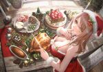  1girl absurdres belt breasts brown_hair cake christmas christmas_tree cleavage cone dress emma_(nikke) finger_in_own_mouth food from_above fruit goddess_of_victory:_nikke hat highres holding holding_knife huge_breasts indoors knife long_hair looking_at_viewer santa_costume santa_dress santa_hat solo strawberry table takubon yellow_eyes 