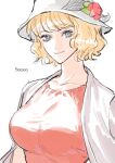  1girl blonde_hair blue_eyes breasts character_name coat collarbone curly_hair flower large_breasts looking_at_viewer one_piece raine_(acke2445) red_flower red_shirt shirt short_hair smile stussy upper_body white_background white_coat white_headwear 