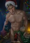  1boy abs bara blonde_hair box bulge christmas christmas_lights christmas_ornaments closed_mouth covered_penis facial_hair gift gift_box hat highres holding holding_gift large_pectorals male_focus muscular muscular_male navel nipples pectorals reiner_braun santa_hat shingeki_no_kyojin short_hair solo thighs underwear urielbeaupre15 