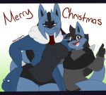 2019 4_fingers anthro arm_around_partner black_body black_border black_bottomwear black_clothing black_eyes black_fur black_hair black_inner_ear black_shorts blue_body blue_clothing blue_coat blue_fur blue_hair blue_topwear border bottomwear christmas clothing coat dew_(dewwydarts) dewwydarts duo english_text eye_through_hair eyebrow_through_hair eyebrows female fingers fur generation_4_pokemon gradient_background grey_clothing grey_shirt grey_topwear hair hand_on_hip holidays larger_female looking_at_viewer lucario male male/female may_(dewwydarts) nintendo open_mouth pokemon pokemon_(species) purple_eyes red_scarf scarf shirt shorts simple_background size_difference smaller_male smile smiling_at_viewer spikes spikes_(anatomy) standing text thick_thighs topwear translucent translucent_hair wide_hips 
