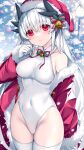  1girl bangs bare_shoulders blush christmas christmas_tree closed_mouth coat covered_navel dragon_girl dragon_horns fate/grand_order fate_(series) gloves hat highleg highleg_leotard highres horns kiyohime_(fate) leotard long_hair long_sleeves looking_at_viewer morizono_shiki off_shoulder outdoors red_coat red_eyes red_headwear santa_hat smile solo thighhighs thighs white_gloves white_hair white_leotard white_thighhighs 