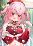  1girl ^^^ bangs bare_shoulders bell blue_hair blurry blurry_background blush bow breasts capelet chihiro_(khorosho) christmas christmas_tree commentary_request covered_nipples curtains depth_of_field fake_facial_hair fake_mustache fang fur-trimmed_capelet fur_trim gradient_hair hair_between_eyes hair_ornament hat indoors long_hair medium_breasts multicolored_hair neck_bell nose_blush open_mouth original pink_hair rabbit_hair_ornament red_capelet red_eyes red_headwear santa_costume santa_hat solo striped striped_bow two_side_up upper_body v-shaped_eyebrows very_long_hair wavy_mouth 