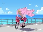  bicycle bird blonde_hair cloud cloudy_sky coat donquixote_doflamingo earrings feather_coat flamingo grin ground_vehicle highres jewelry leg_hair muscular muscular_male nztk_b ocean one_piece open_clothes open_shirt pink_coat seaside shadow shirt short_hair sky smile sunglasses white_shirt 