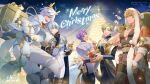  5boys artist_request basket black_gloves blade_(nu_carnival) blonde_hair blue_hair cat christmas christmas_lights christmas_tree commentary copyright_name cup drinking edmond_(nu_carnival) english_commentary food fork fur_trim gift gloves green_hair hair_over_eyes hand_in_pocket holding holding_basket holding_cup holding_fork holding_plate kuya_(nu_carnival) light_blue_hair male_focus merry_christmas multicolored_hair multiple_boys nu_carnival official_art olivine_(nu_carnival) outdoors pants pectorals plate pudding purple_hair quincy_(nu_carnival) sharp_teeth short_hair sparkle standing streaked_hair tanuki teeth white_hair white_pants 