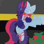  1:1 2_tails anthro blue_body blue_fur bound bow_ribbon canid canine canis carneline_(kaiju_paradise) duo fox fr3yo fur ghost_fox_(kaiju_paradise) gift glowing glowing_markings gootraxian hi_res holding_person kaiju_paradise legs_tied male male/male mammal markings multi_tail purple_body purple_fur ribbons roblox wolf 