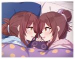  2girls arakumachikano bangs bed bed_sheet blush debi_tarou eye_contact face-to-face facing_another forehead-to-forehead from_above futon hair_between_eyes hair_bun hair_ribbon heads_together idolmaster idolmaster_shiny_colors long_hair looking_at_another lying multiple_girls official_alternate_costume official_alternate_hairstyle on_bed on_side open_mouth osaki_amana osaki_tenka pajamas pillow red_hair ribbon siblings single_hair_bun sisters smile stuffed_toy swept_bangs twins under_covers yellow_eyes 